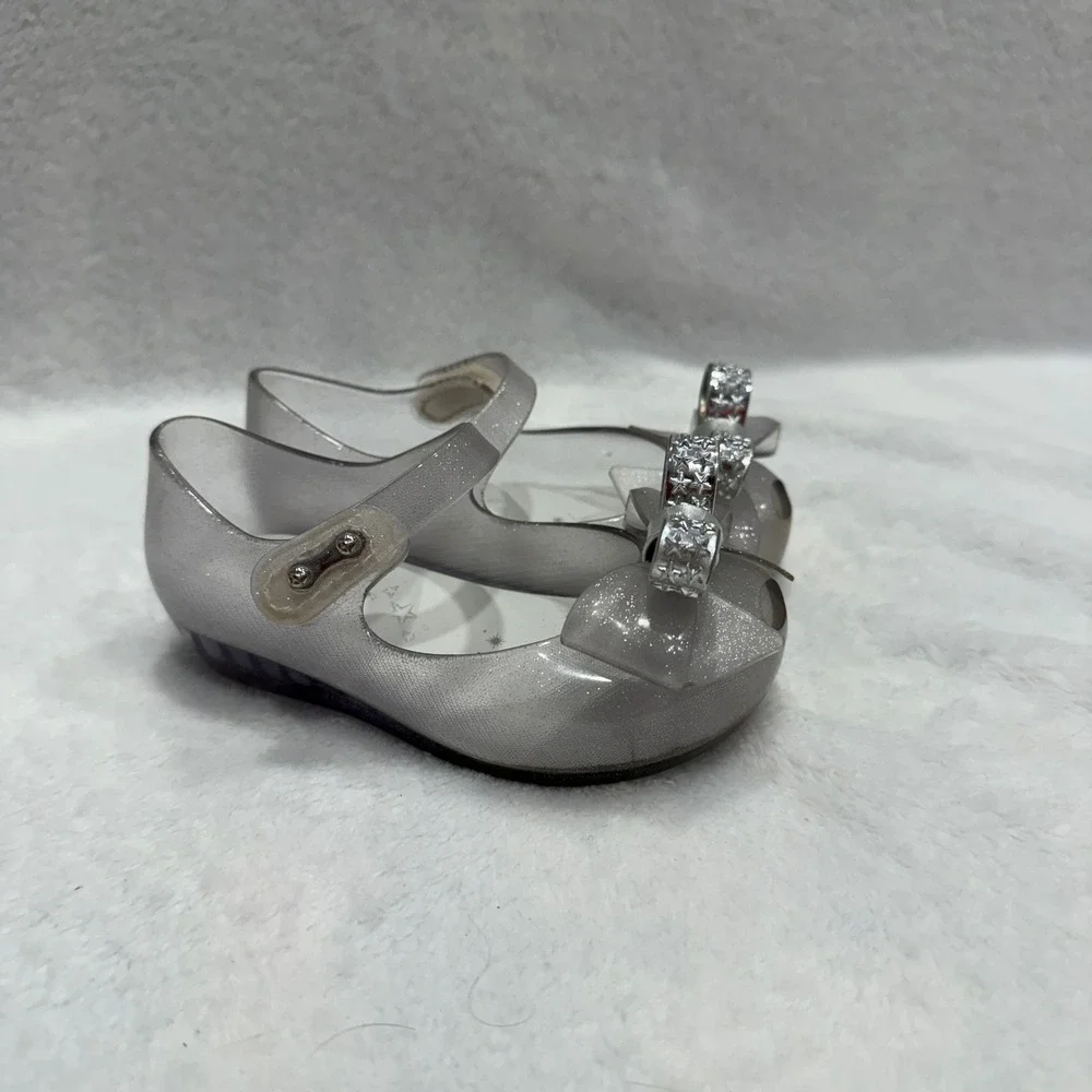Mini Melissa‎ Glitter Bow Jelly Mary Jane Flats Size 7 Toddler Kids Silver Shoes